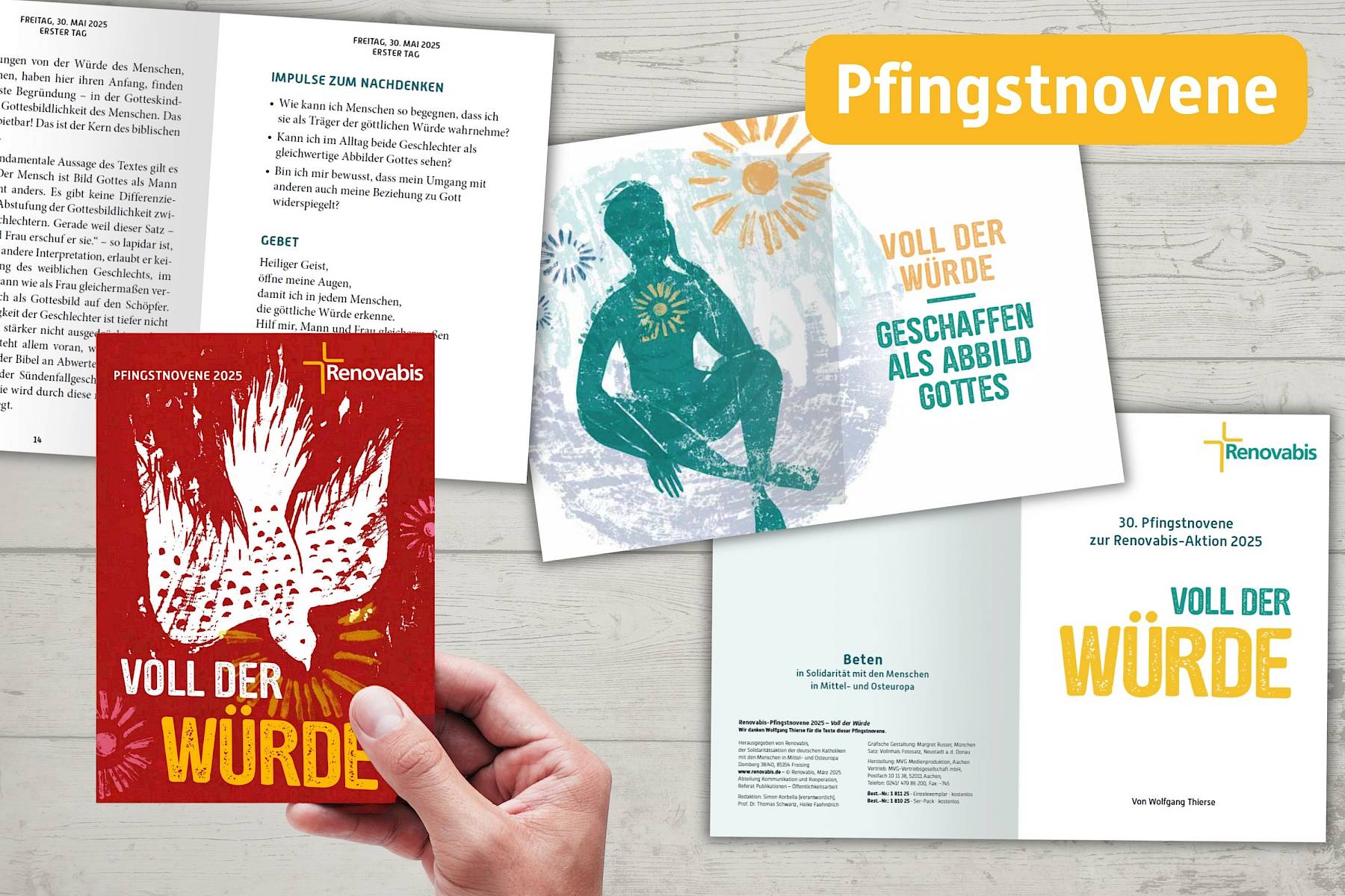 Das Bild zeigt mehrere Elemente der Renovabis-Pfingstnovene 2025, thematisch gestaltet unter dem Motto „VOLL DER WÜRDE“. Im Vordergrund hält eine Hand ein kleines rotes Heft mit einer stilisierten weißen Taube in die Kamera. Darauf steht in großen Buchstaben „Pfingstnovene 2025 – VOLL DER WÜRDE“. Im Hintergrund liegen auf einem hellen Holztisch weitere aufgeschlagene Seiten.